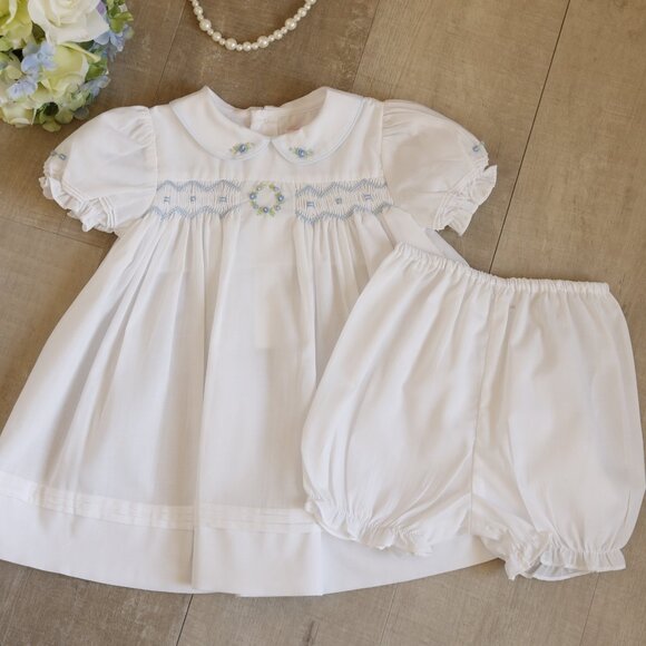 White Smocked Dress Bonnet and Bloomer Set Blue Embroidery Boutique Portrait NEW - Picture 2 of 7